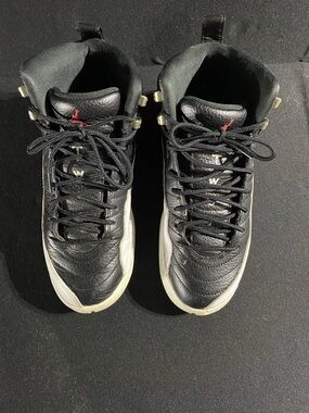 Air Jordan 12 Retro Black and White High-Top Sneakers with Red Jumpman Size 6Y